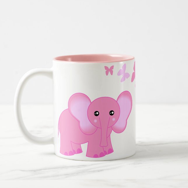 Cute Pink Baby Elephant And Butterflies Mug (Left)