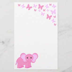 Cute Pink Baby Elephant And Butterflies Stationery