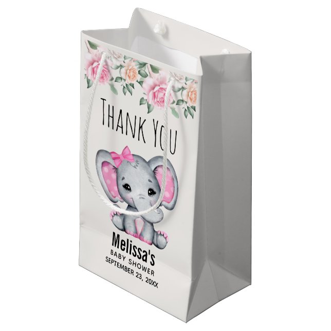 Cute Pink Baby Elephant and Roses Baby Shower Small Gift Bag (Front Angled)