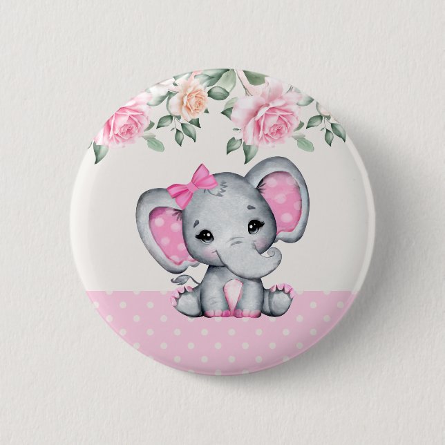 Cute Pink Baby Elephant and Roses Border 6 Cm Round Badge (Front)