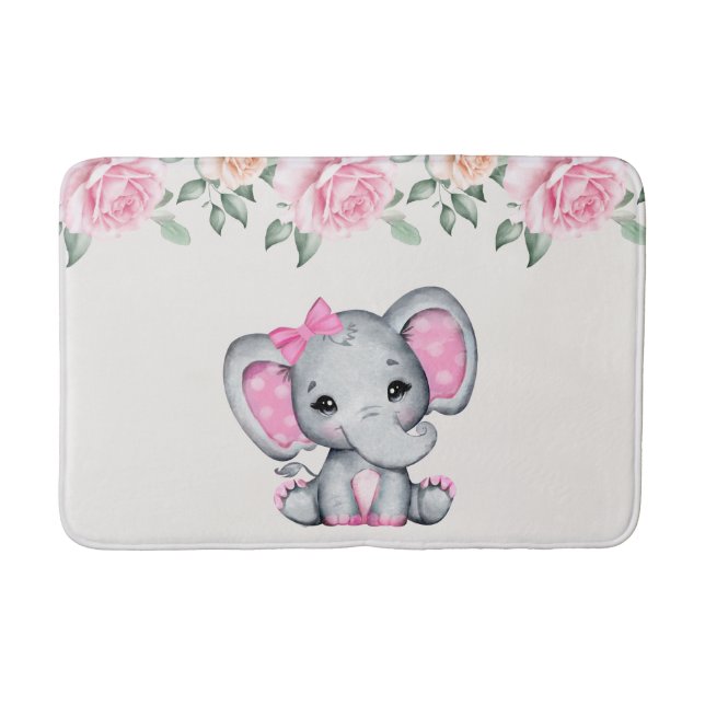 Cute Pink Baby Elephant and Roses Border Bath Mat (Front)