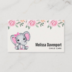 Cute Pink Baby Elephant and Roses Border Business Card