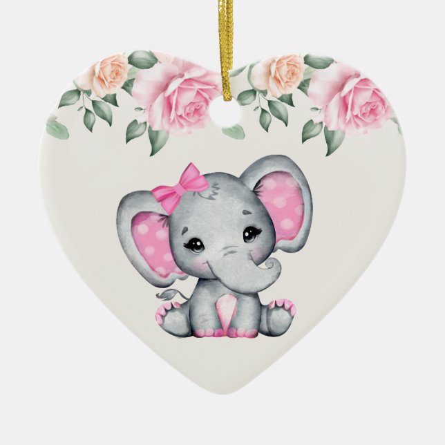 Cute Pink Baby Elephant and Roses Border Ceramic Tree Decoration (Front)