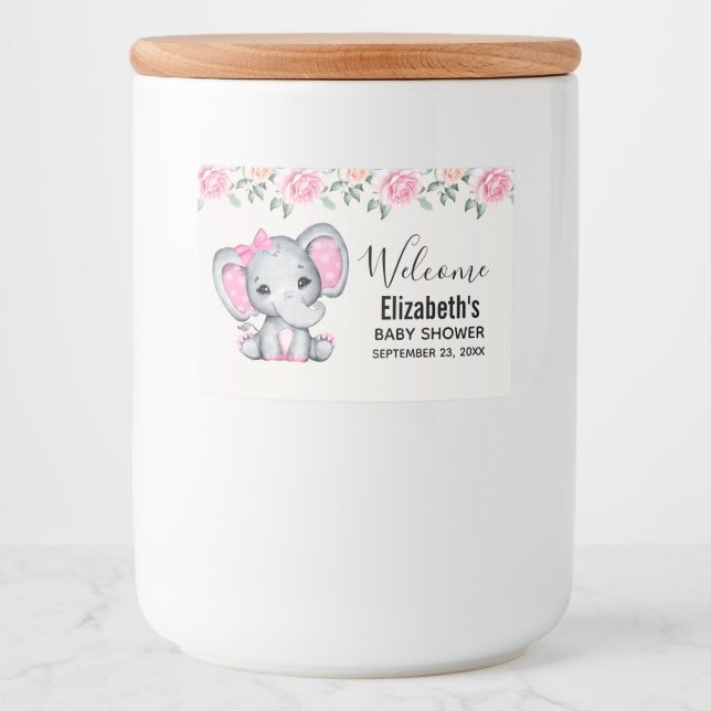 Cute Pink Baby Elephant and Roses Border Food Label (Front)