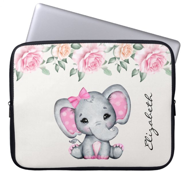 Cute Pink Baby Elephant and Roses Border Laptop Sleeve (Front)