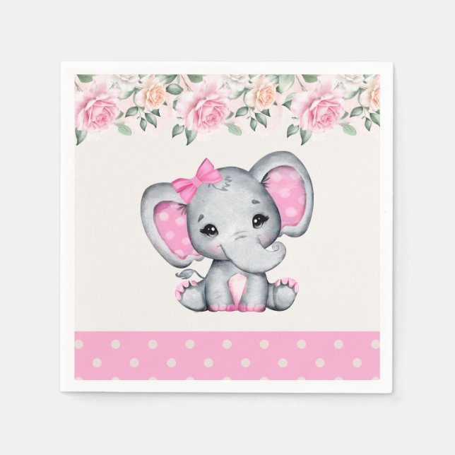 Cute Pink Baby Elephant and Roses Border Napkin (Front)