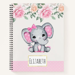 Cute Pink Baby Elephant and Roses Border Notebook