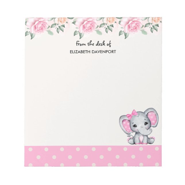 Cute Pink Baby Elephant and Roses Border Notepad (Front)