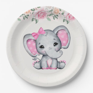 Cute Pink Baby Elephant and Roses Border Paper Plate