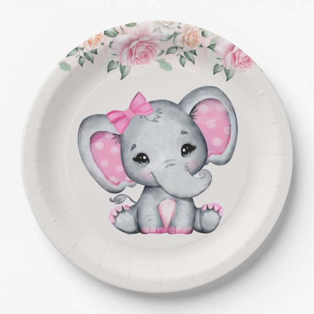 Cute Pink Baby Elephant and Roses Border Paper Plate (Front)