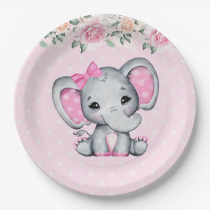 Cute Pink Baby Elephant and Roses Border Paper Plate