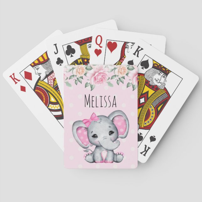 Cute Pink Baby Elephant and Roses Border Playing Cards (Back)