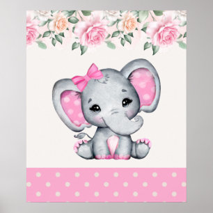 Cute Pink Baby Elephant and Roses Border Poster