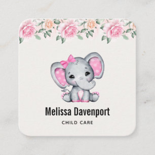 Cute Pink Baby Elephant and Roses Border Square Business Card