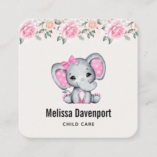 Cute Pink Baby Elephant and Roses Border Square Business Card (Front)