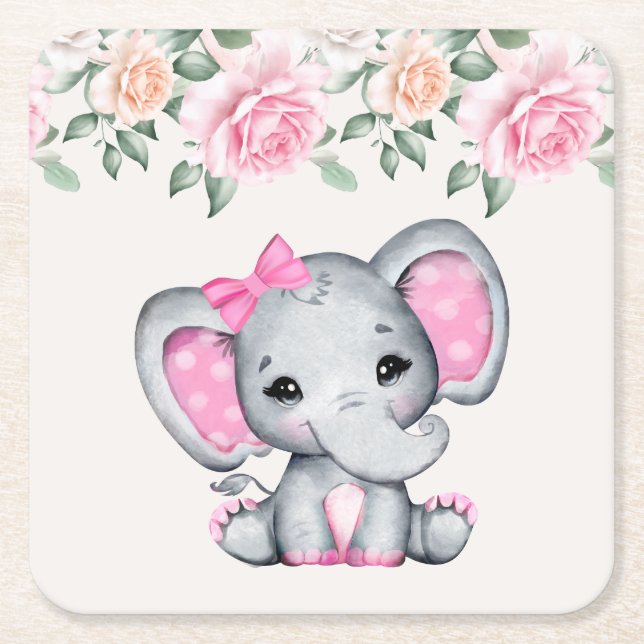 Cute Pink Baby Elephant and Roses Border Square Paper Coaster (Front)