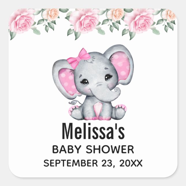 Cute Pink Baby Elephant and Roses Border Square Sticker (Front)