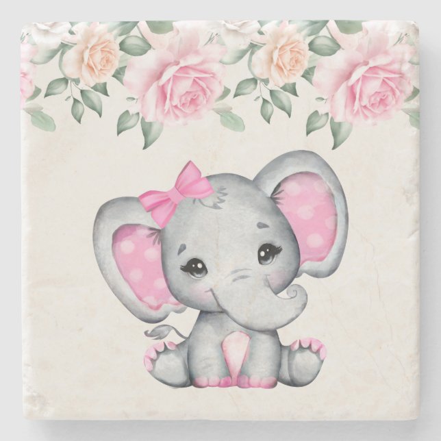 Cute Pink Baby Elephant and Roses Border Stone Coaster (Front)