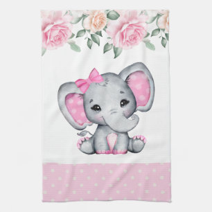 Cute Pink Baby Elephant and Roses Border Tea Towel