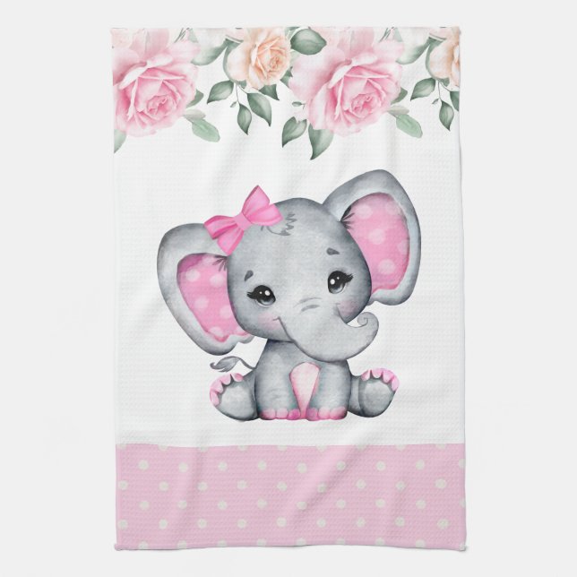 Cute Pink Baby Elephant and Roses Border Tea Towel (Vertical)