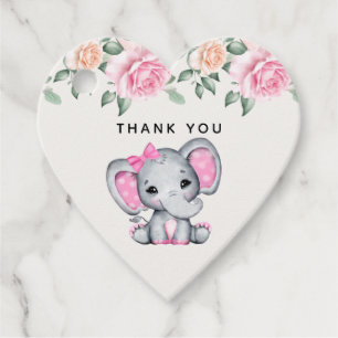 Cute Pink Baby Elephant and Roses Border Thank You Favour Tags