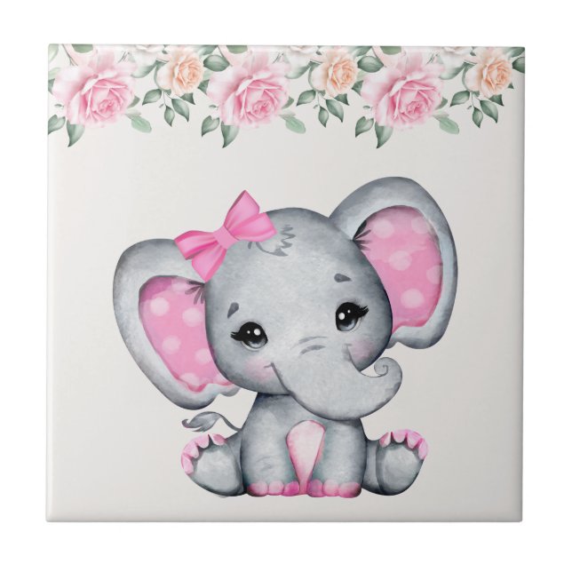 Cute Pink Baby Elephant and Roses Border Tile (Front)