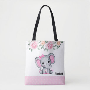 Cute Pink Baby Elephant and Roses Border Tote Bag