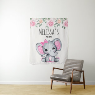 Cute Pink Baby Elephant and Roses Room Tapestry