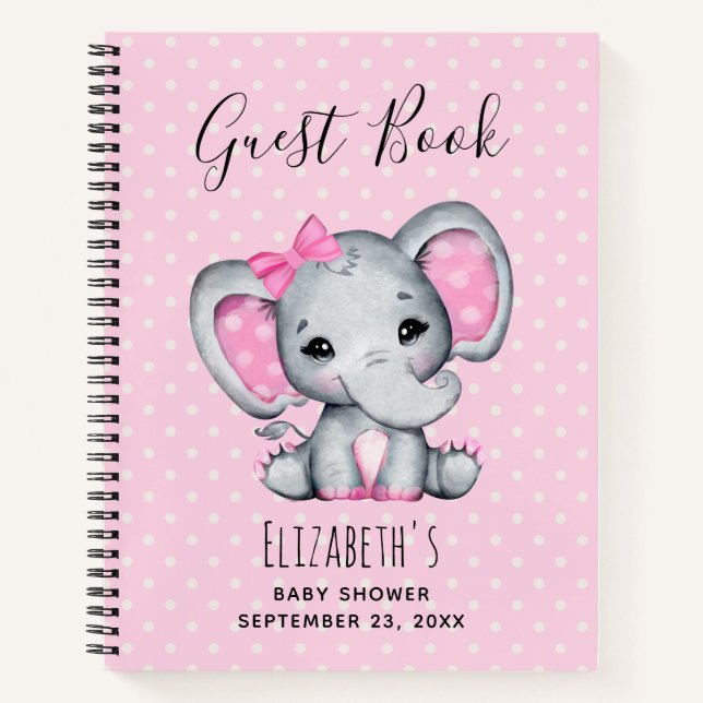 Cute Pink Baby Elephant Baby Shower Guest Book (Front)