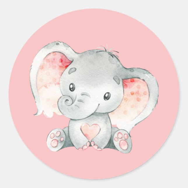 Cute Pink Baby Elephant  Classic Round Sticker (Front)