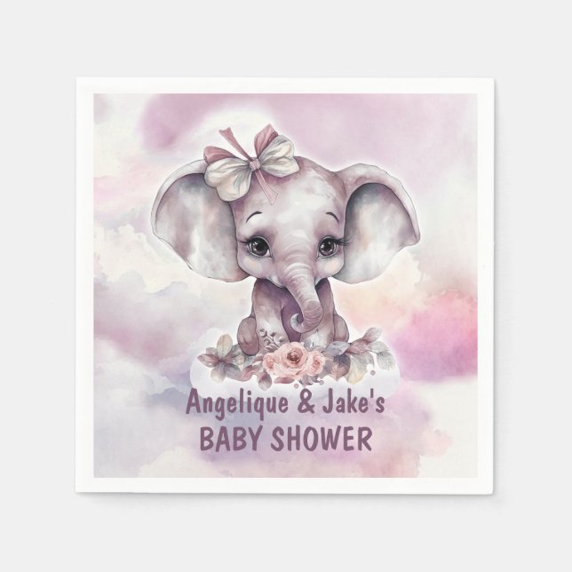 Cute Pink Baby Elephant Girl Baby Shower Napkin (Front)