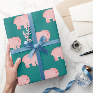 Cute Pink Baby Elephant Pattern Green Wrapping Paper