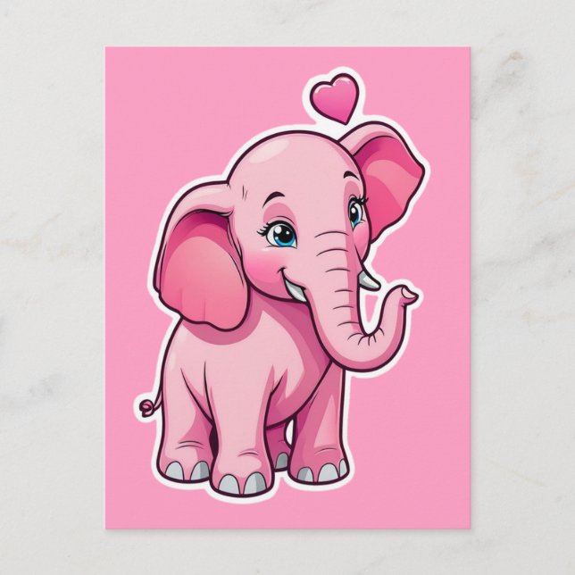Cute Pink Baby Elephant With Love Postcard (Front)