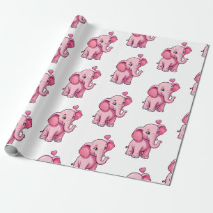 Cute Pink Baby Elephant With Love Wrapping Paper