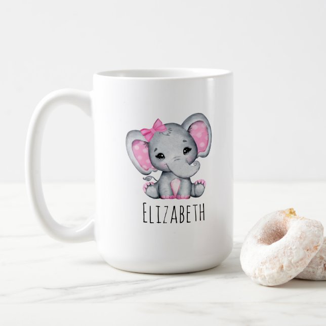 Cute Pink Baby Elephant with Polka Dot Ears Coffee Mug (With Donut)