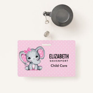 Cute Pink Baby Elephant with Polka Dot Ears ID Badge