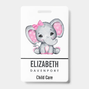 Cute Pink Baby Elephant with Polka Dot Ears ID Badge