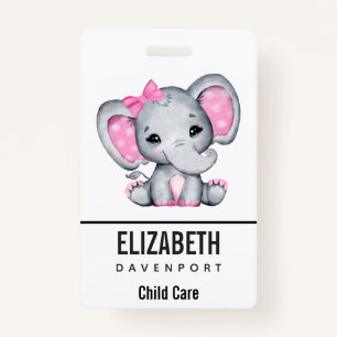Cute Pink Baby Elephant with Polka Dot Ears ID Badge