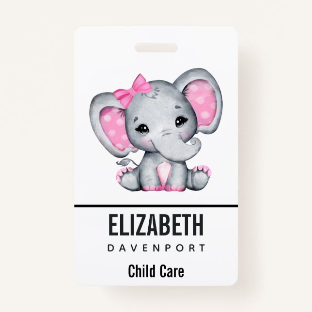 Cute Pink Baby Elephant with Polka Dot Ears ID Badge (Front)