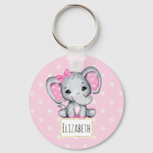 Cute Pink Baby Elephant with Polka Dot Ears Key Ring