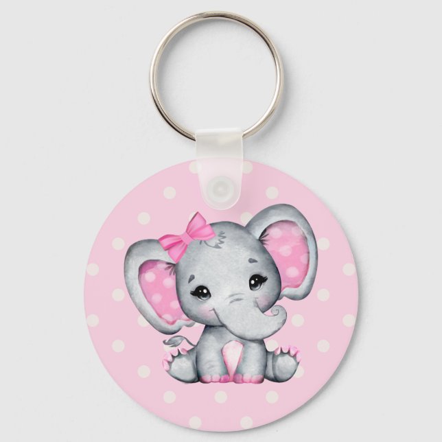Cute Pink Baby Elephant with Polka Dot Ears Key Ring (Front)