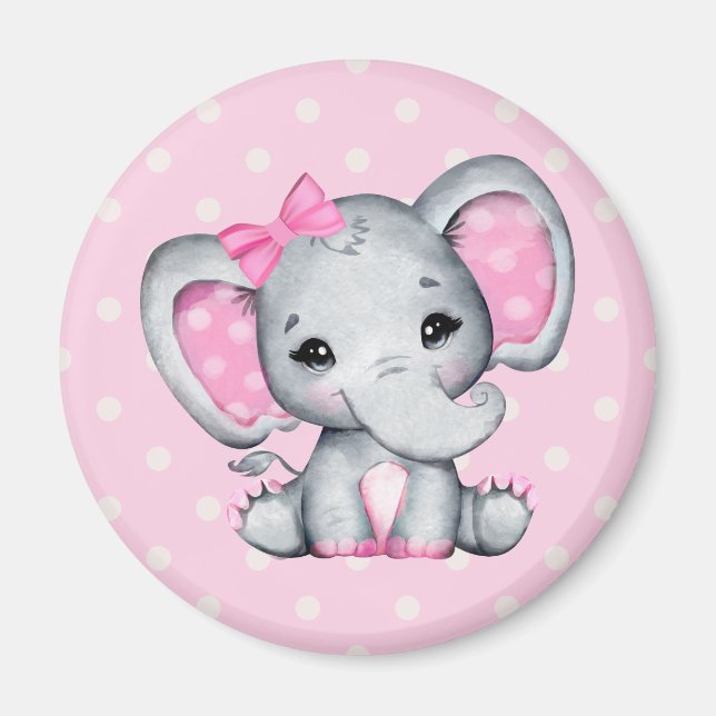 Cute Pink Baby Elephant with Polka Dot Ears Magnet (Front)