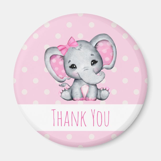 Cute Pink Baby Elephant with Polka Dot Ears Magnet (Front)