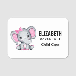 Cute Pink Baby Elephant with Polka Dot Ears Name Tag
