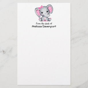 Cute Pink Baby Elephant with Polka Dot Ears Stationery