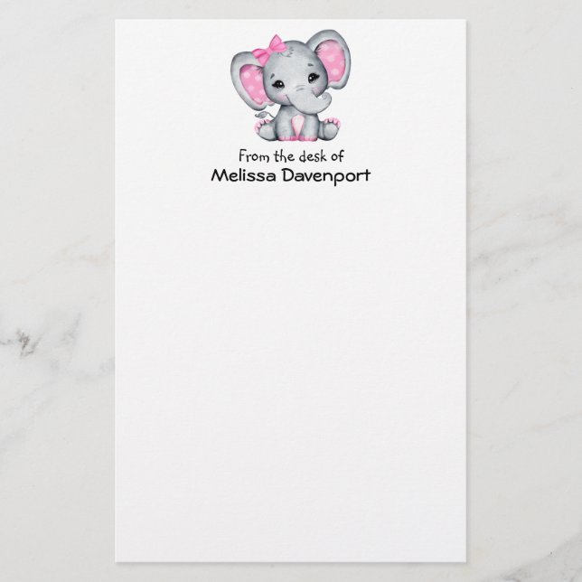 Cute Pink Baby Elephant with Polka Dot Ears Stationery (Front)