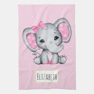 Cute Pink Baby Elephant with Polka Dot Ears Tea Towel