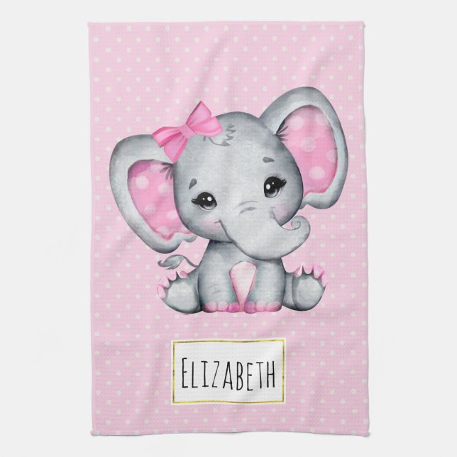 Cute Pink Baby Elephant with Polka Dot Ears Tea Towel (Vertical)