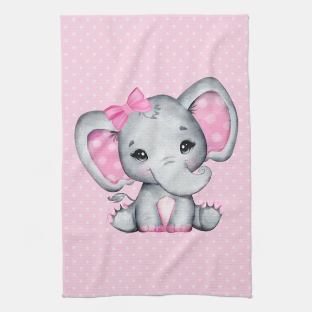 Cute Pink Baby Elephant with Polka Dot Ears Tea Towel (Vertical)