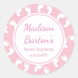 Cute Pink Baby Footprints Custom Girl Baby Shower Classic Round Sticker